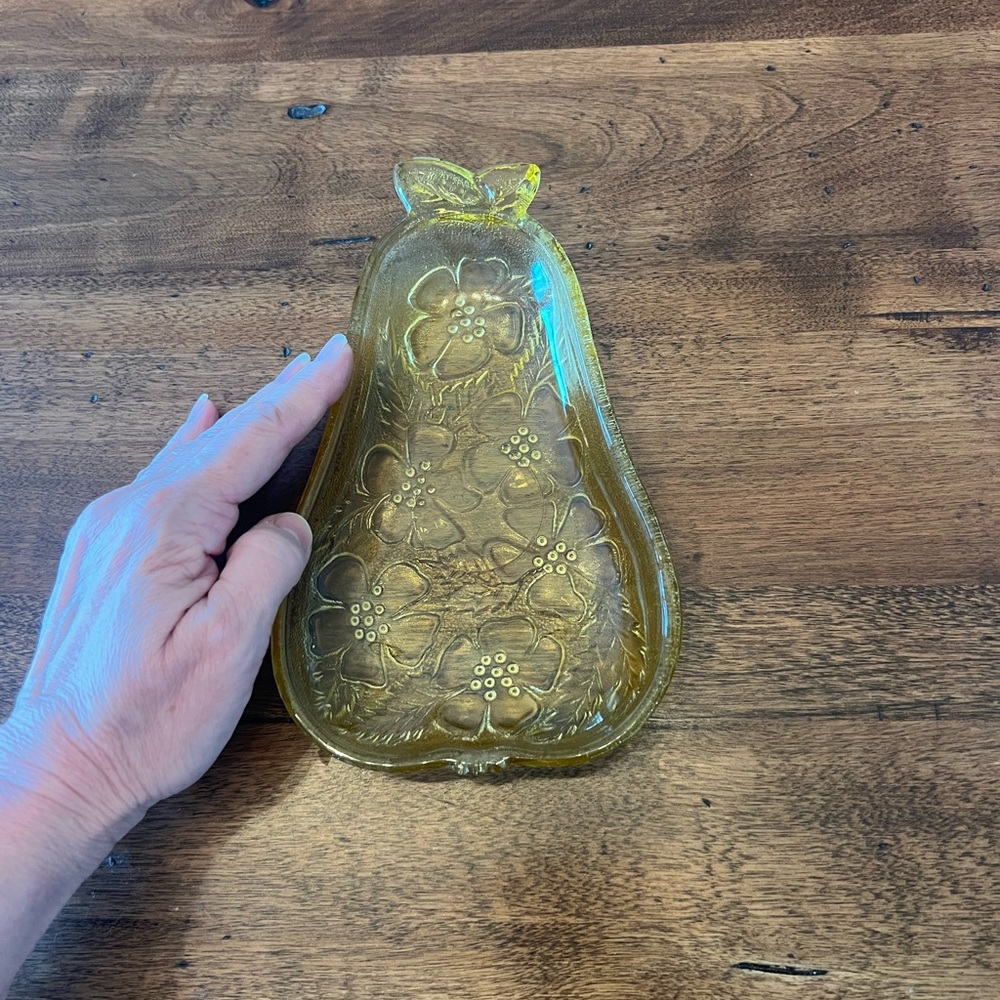 Vintage Hazel Atlas yellow glass pear shaped dish with blossom pattern